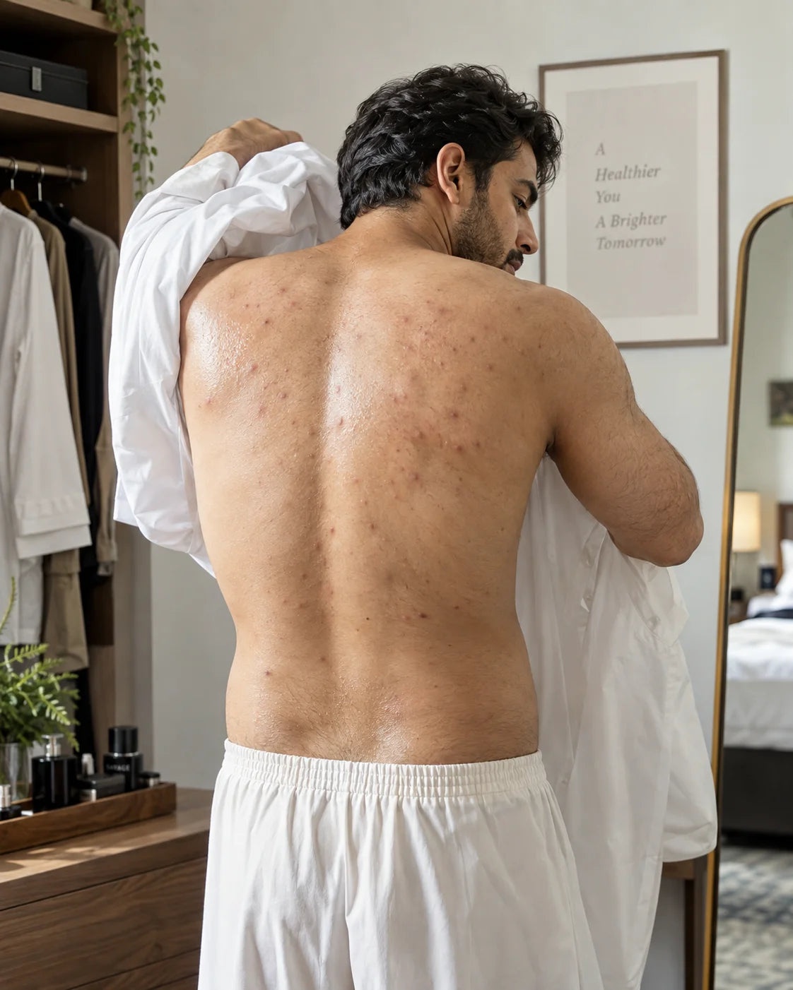 Man using a crystal stick on the upper back for body acne and oil control