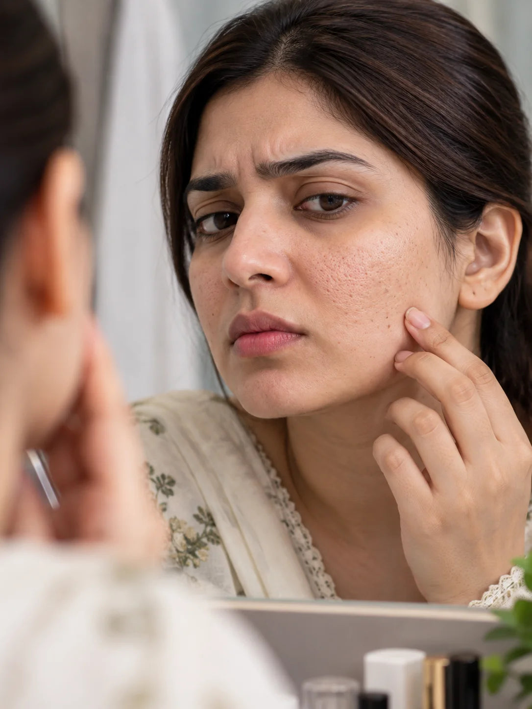 Woman using a crystal skincare tool in front of a mirror for pore-refining care