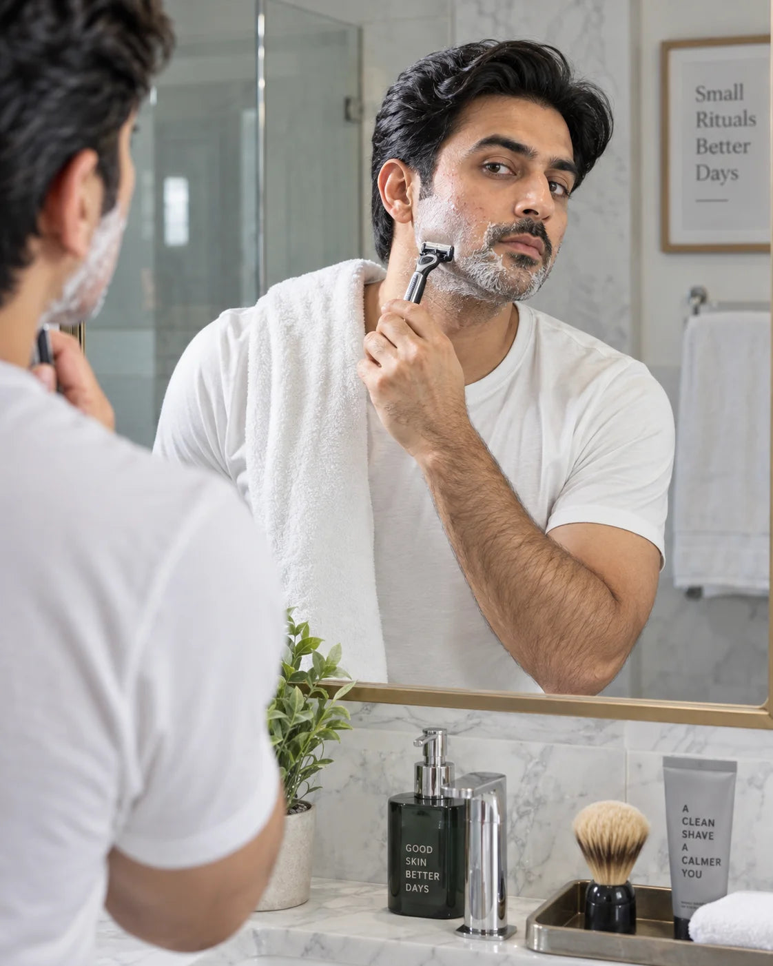 Man applying crystal deodorant after shaving in a bright bathroom
